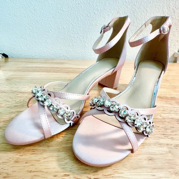 Women's 8.5 US Ballet Pink Satin Rhinestone Embellished Formal Sandal Heels - Picture 7 of 10